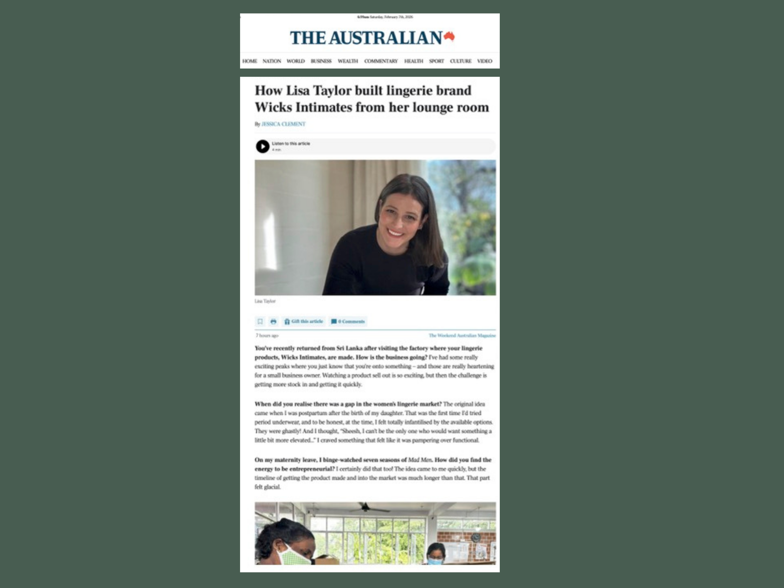 Clipping of The Weekend Australian Feature on Wicks Intimates