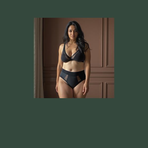 Woman wearing the Emanate brief in Obsidian Black. Absorbs 30mL of liquid. Soft OEKO-TEX certified fabric.