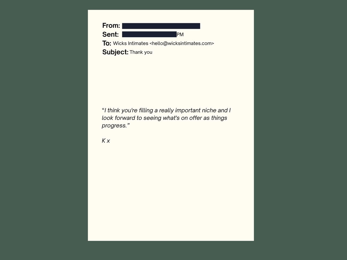 Image depicting a redacted email showing a quote from a happy customer about filling an important niche for women over 50.