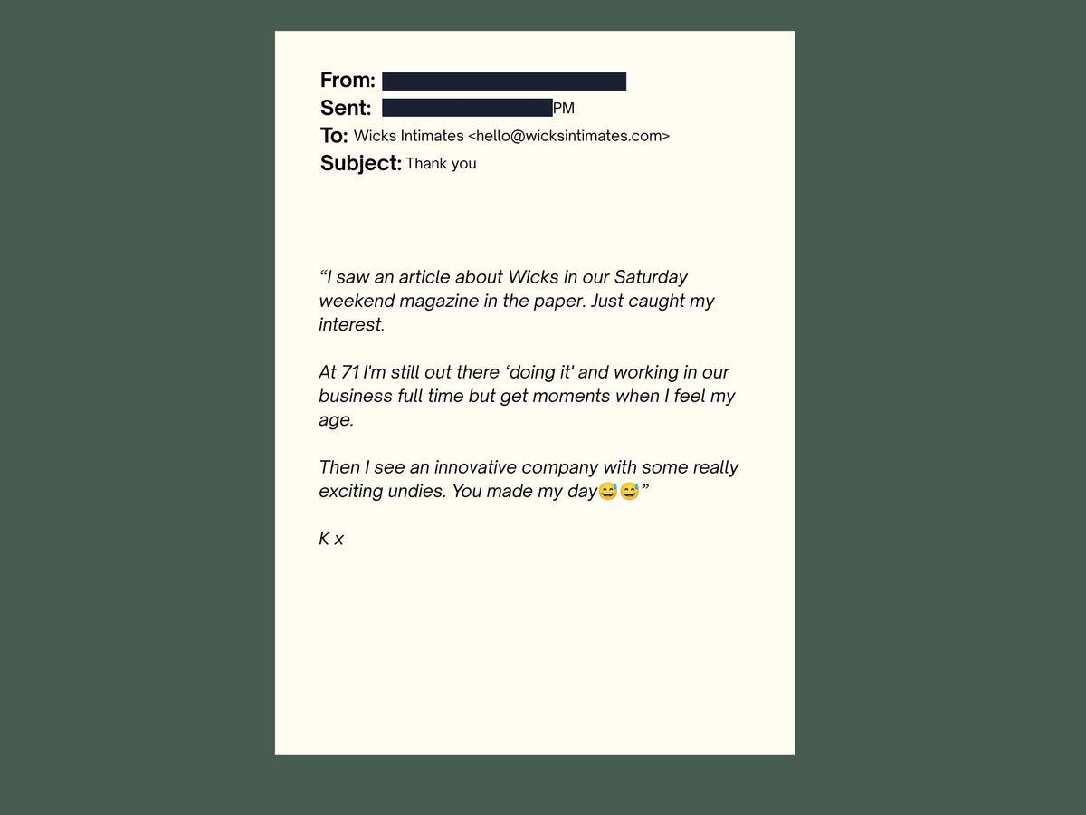 Image depicting a redacted email showing a quote from a happy customer saying it made her day when she discovered Wicks.