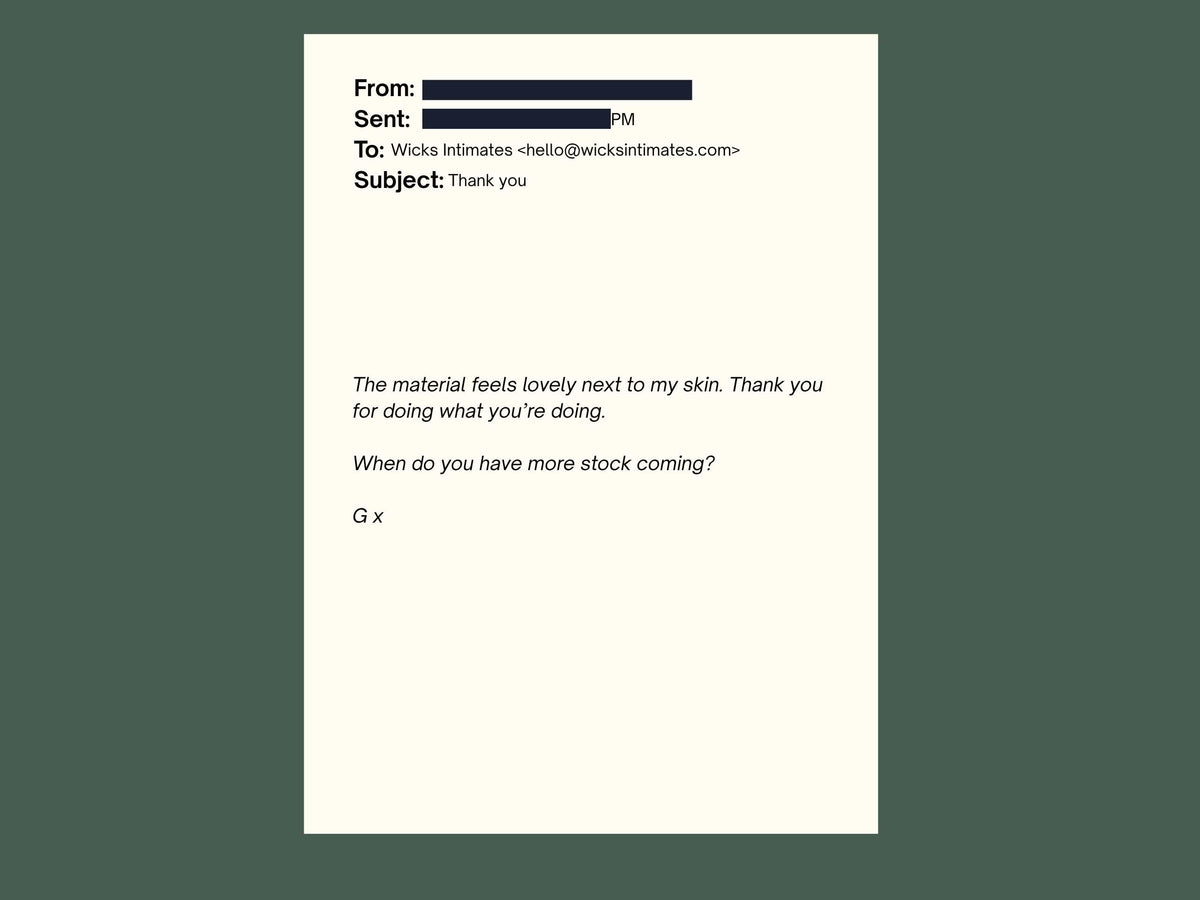 Image depicting a redacted email showing a quote from a happy customer about the softness of the fabric.