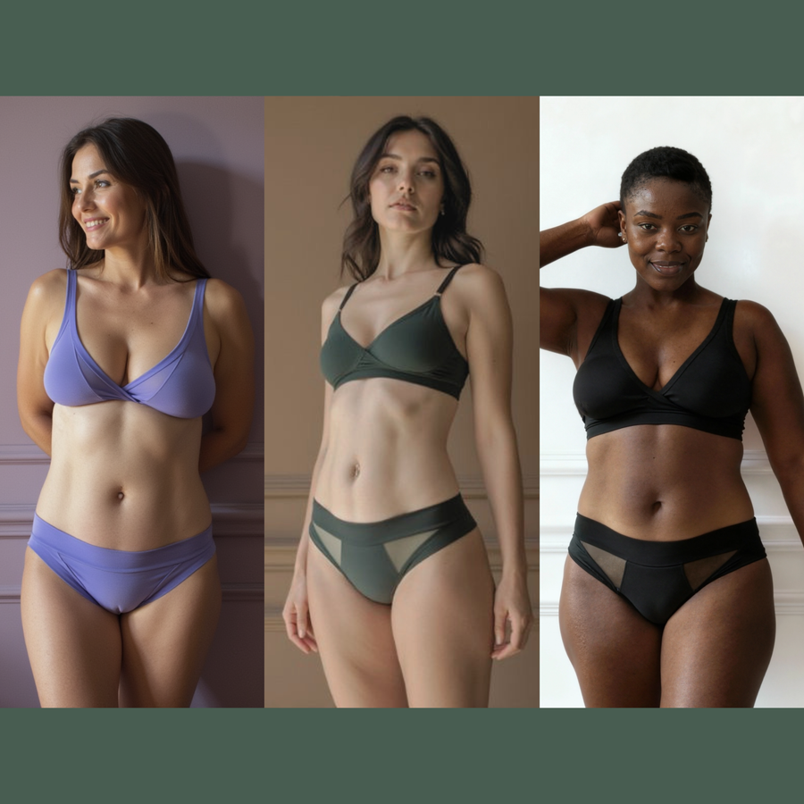 Collage of three women, each wearing items from the low-rise bundle product