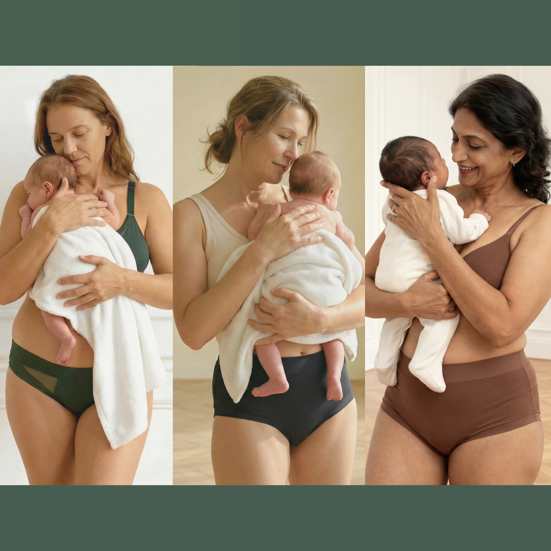 Collage of three women wearing pieces from Wicks Intimates New Mum Pamper Pack and holding newborn babies
