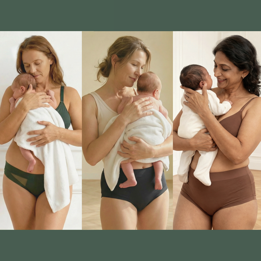 Collage of three women wearing pieces from Wicks Intimates New Mum Pamper Pack and holding newborn babies