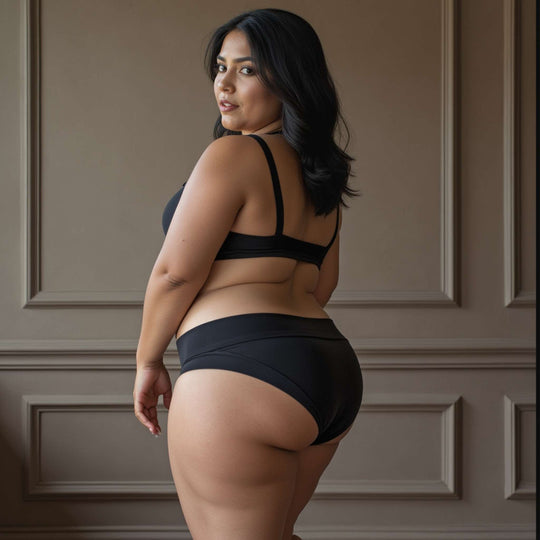 Woman stands with her back towards viewer showing back detail of the low-rise basic brief in obsidian black. Made from OEKO-TEX certified butter-soft blend fabric.