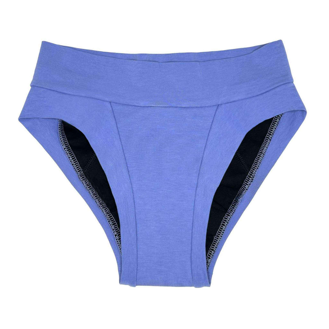 Flat lay clear cut image of low-rise Engineered brief in periwinkle blue. Made from GOTS certified organic cotton. Moderate absorption for light bladder leaks and period management. Absorbs 15mL.
