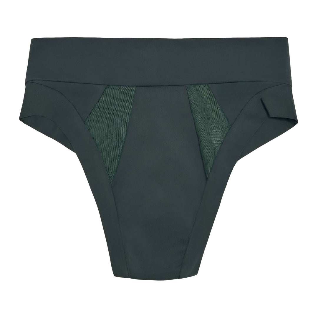 Flat lay clear cut image of Striation thong in forest. From All Day Fresh range, for everyday wear: one absorbing layer, no waterproof layer. Low rise style with mesh panel detailing at the front. Made from OEKO-TEX certified butter-soft blend fabric.