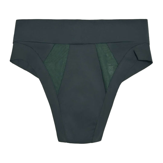 Flat lay clear cut image of Striation thong in forest. From All Day Fresh range, for everyday wear: one absorbing layer, no waterproof layer. Low rise style with mesh panel detailing at the front. Made from OEKO-TEX certified butter-soft blend fabric.