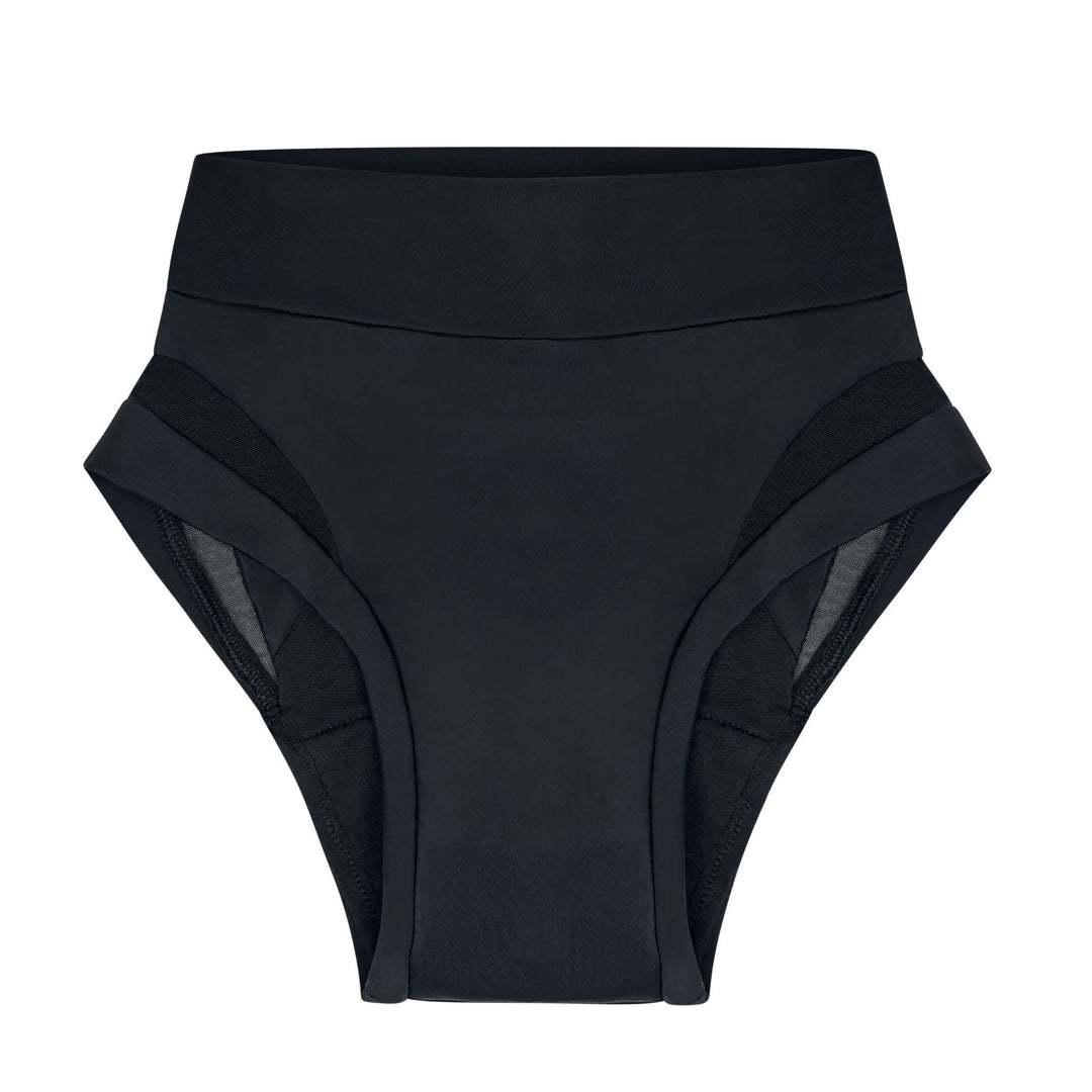 Flat lay clear cut image of high-waisted Valley brief in obsidian black with mesh panel detailing over the side of the garment. For bladder leaks and heavy periods that require higher absorption. Absorbs 30mL. OEKO-TEX certified butter-soft blend fabric.