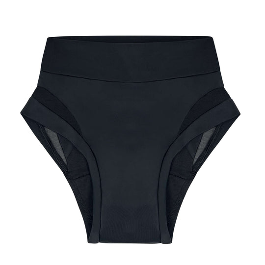 Flat lay clear cut image of high-waisted Valley brief in obsidian black with mesh panel detailing over the side of the garment. For bladder leaks and heavy periods that require higher absorption. Absorbs 30mL. OEKO-TEX certified butter-soft blend fabric.