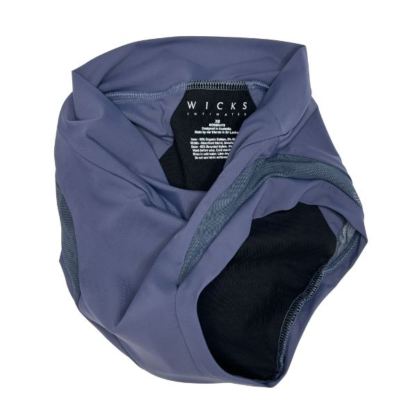 Flat-lay image of artfully scrunched Valley brief in slate navy. OEKO-TEX certified fabric. High-waisted.