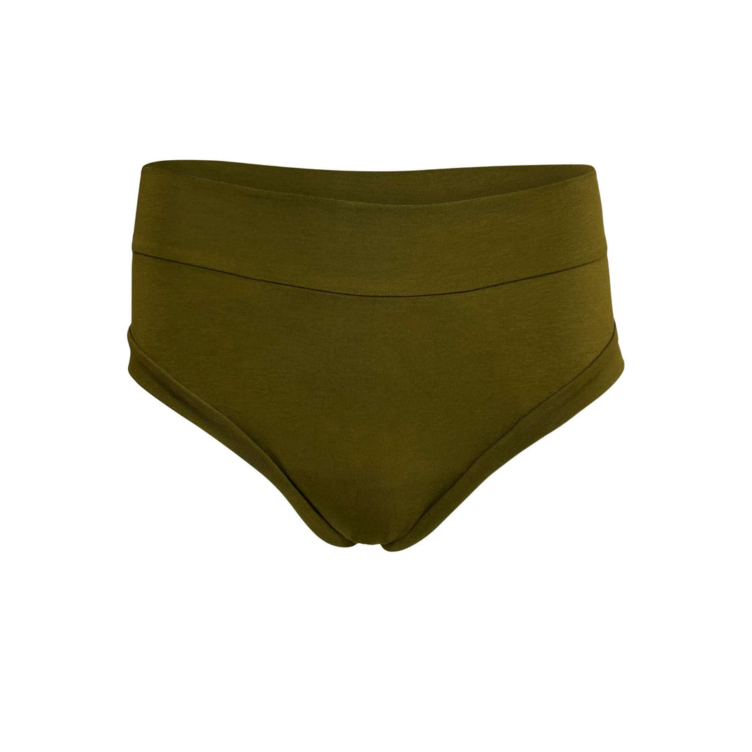 Ghost mannequin image of high-waisted GOTS certified organic cotton basic brief with high absorbency. Absorbs 30mL.