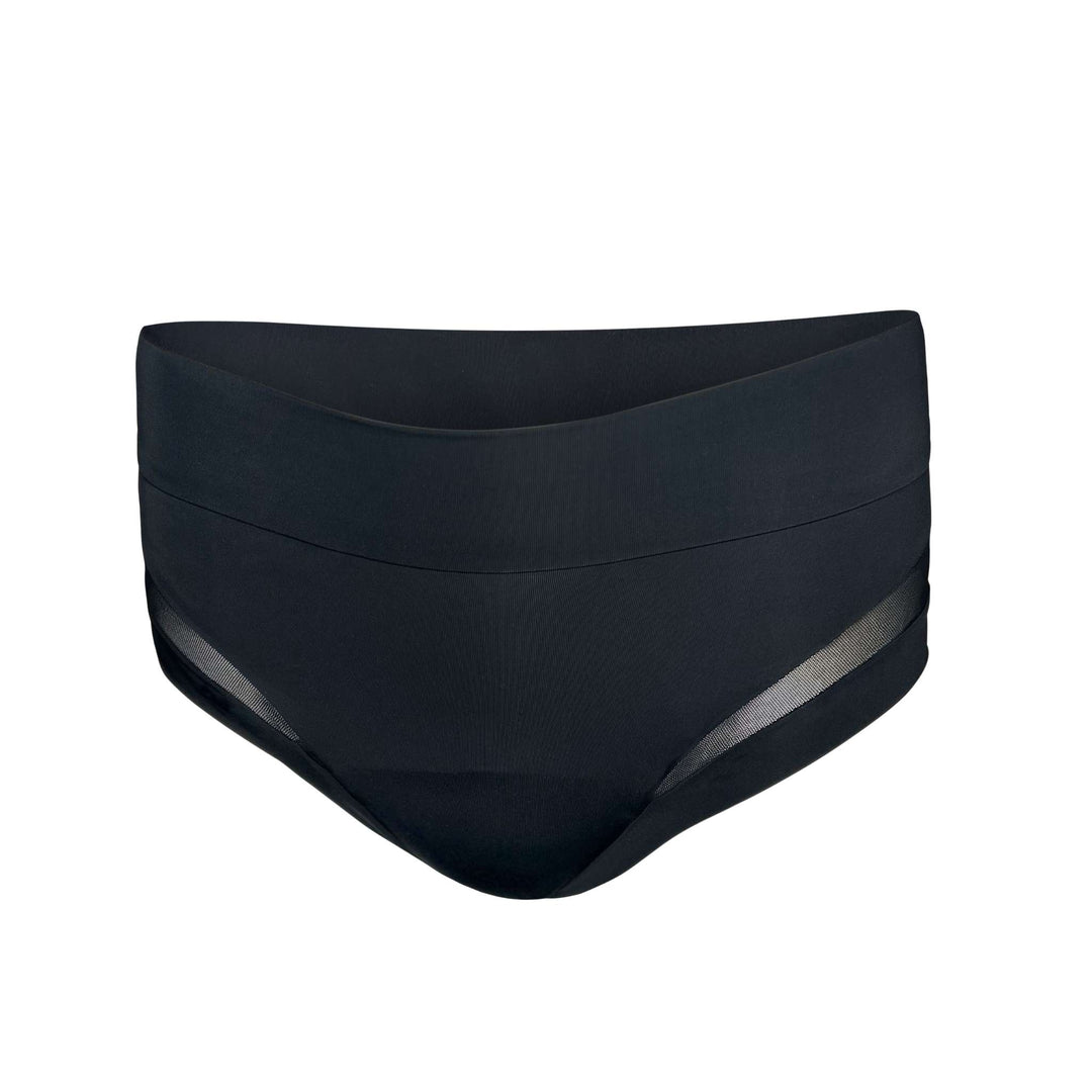 Ghost mannequin clear cut image of high-waisted Valley brief in obsidian black with mesh panel detailing over the hip area. For bladder leaks and heavy periods that require higher absorption. Absorbs 30mL. OEKO-TEX certified butter-soft blend fabric.