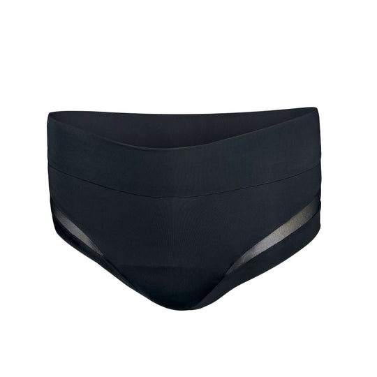 Ghost mannequin clear cut image of high-waisted Valley brief in obsidian black with mesh panel detailing over the hip area. For bladder leaks and heavy periods that require higher absorption. Absorbs 30mL. OEKO-TEX certified butter-soft blend fabric.