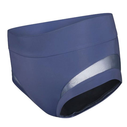 Ghost mannequin image of high-waisted Valley brief in slate navy. OEKO-TEX certified fabric. High-waisted.