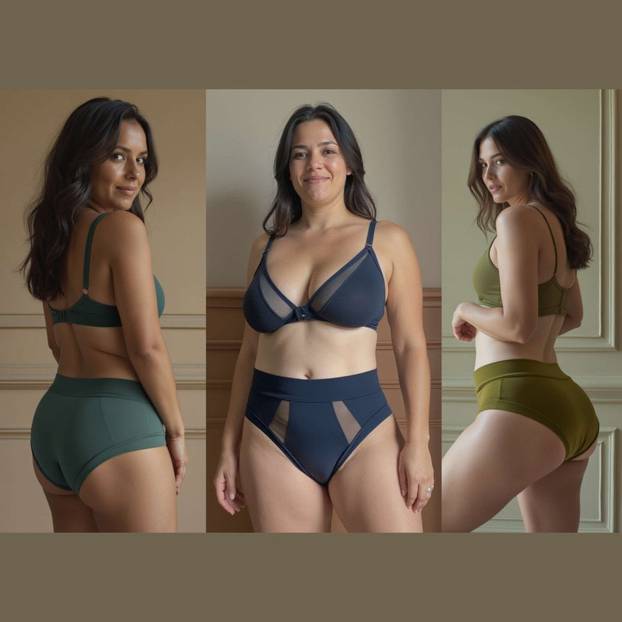 Three women wearing pieces from the high-waisted bundle. High-waisted basic brief in forest from All Day Fresh range; Emanate brief for moderate absorbency in slate navy; Basic organic cotton high-waisted brief in Moss.