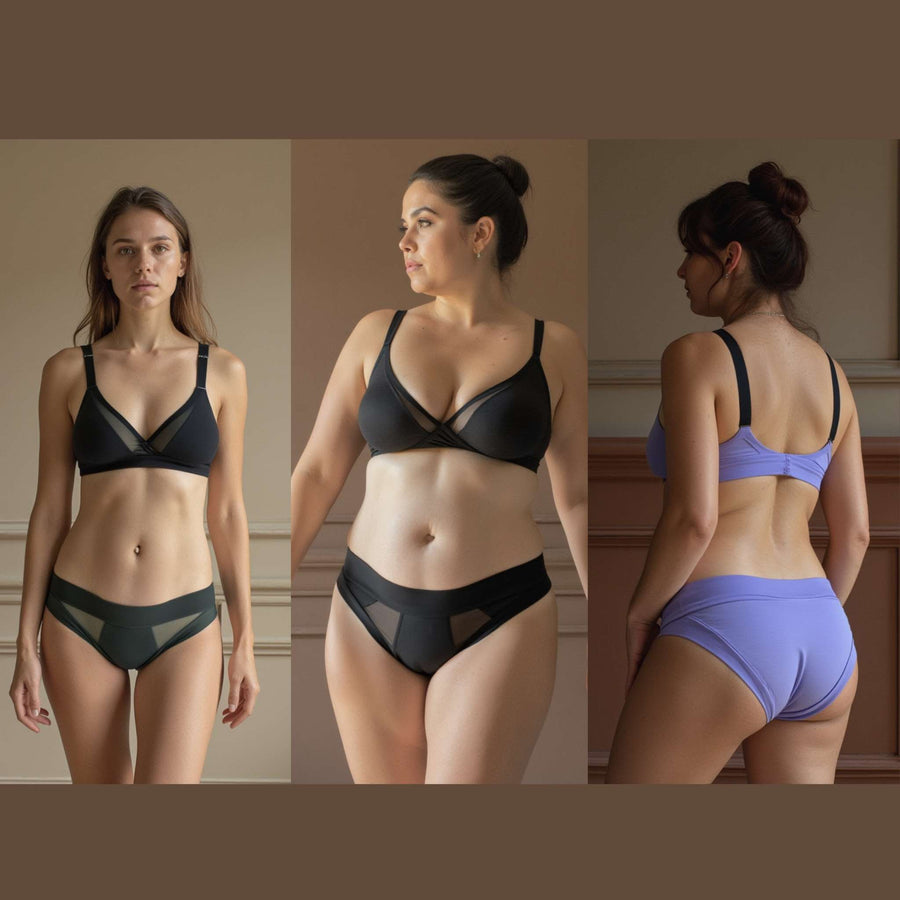 Three women each wearing styles from the low-rise bundle. Swept Away brief in forest, Swept Away brief in obsidian black, and low-rise Engineered brief in periwinkle blue.