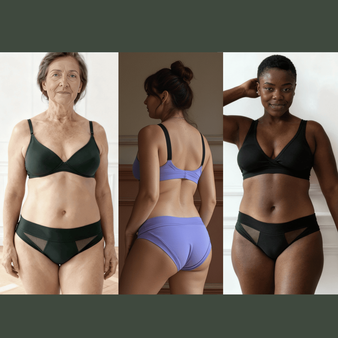 Three images of women in a row. Each woman is wearing a low rise garment from the Wicks Intimates Low-Rise Bundle
