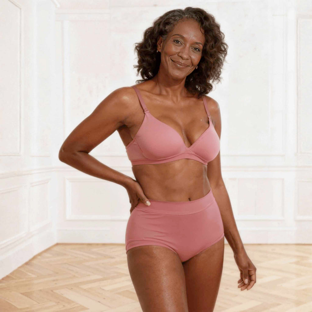 Wicks Intimates Anything But Basic Brief II All Day Fresh lightweight absorbent underwear in dusky pink on model, front detail