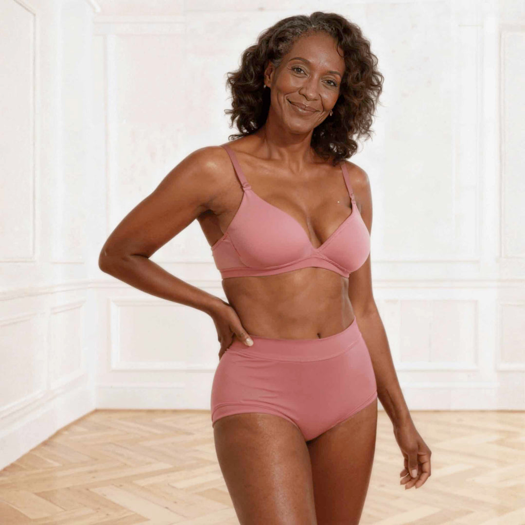 Wicks Intimates Anything But Basic Brief II All Day Fresh lightweight absorbent underwear in dusky pink on model, front detail