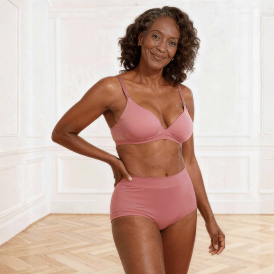 Wicks Intimates Anything But Basic Brief II All Day Fresh lightweight absorbent underwear in dusky pink on model, front detail