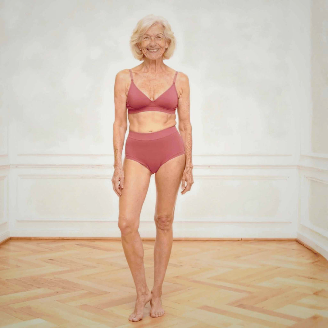 Wicks Intimates Anything But Basic Brief II All Day Fresh lightweight absorbent underwear in dusky pink on model, front view