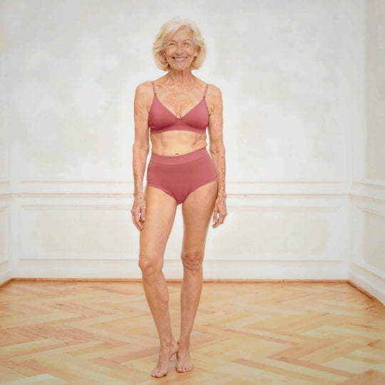 Wicks Intimates Anything But Basic Brief II All Day Fresh lightweight absorbent underwear in dusky pink on model, front view