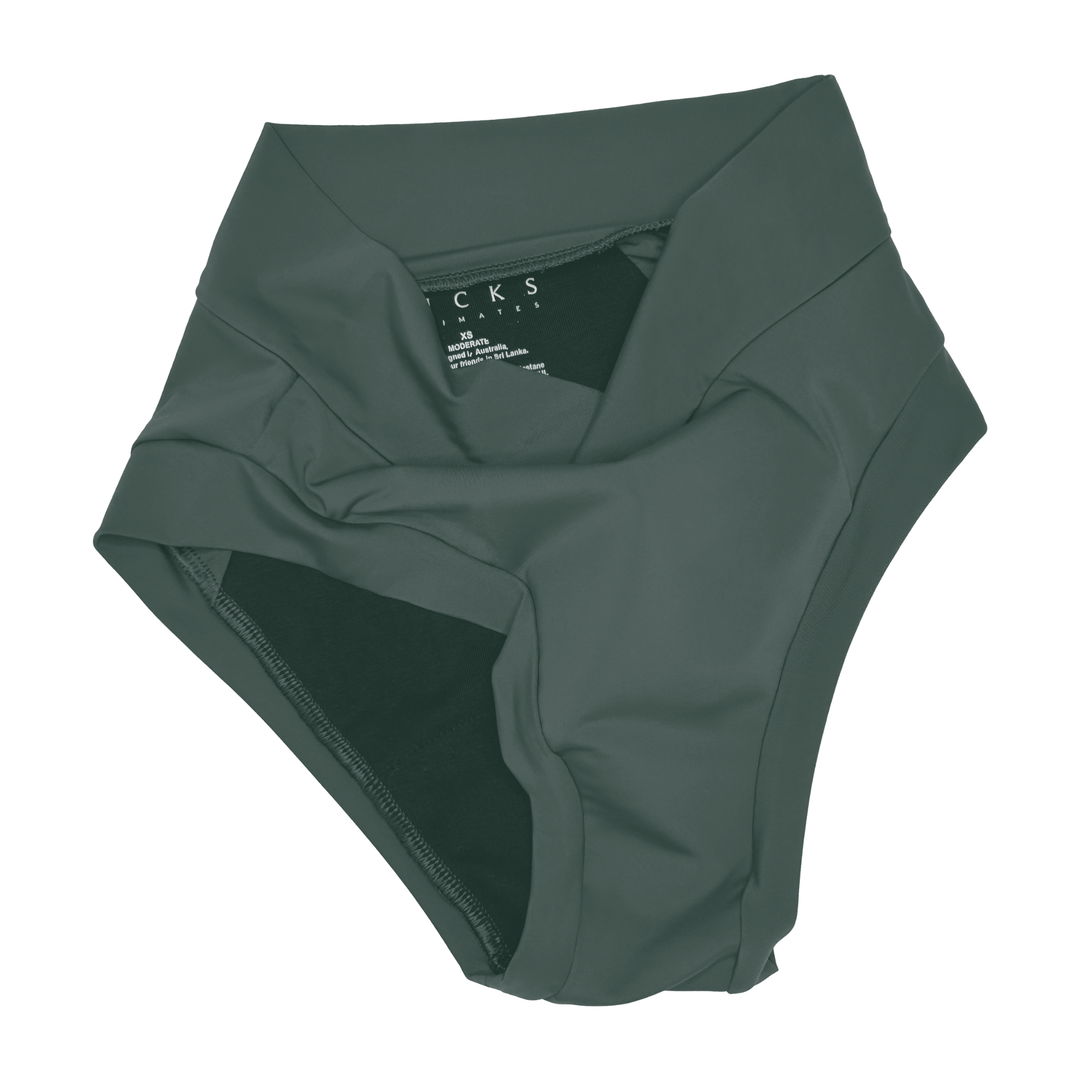Artfully strewn lat lay image of the Anything But Basic brief in forest green from the Wicks Intimates All Day Fresh range and made from OEKO TEX certified fabric 