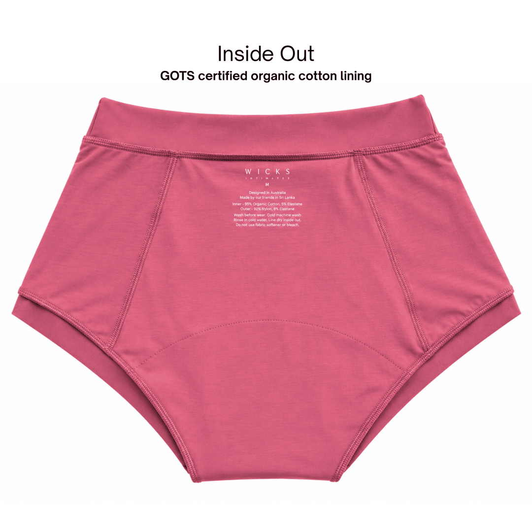 Inside out flatlay view of Anything But Basic II brief in dusky pink showing organic cotton lining.
