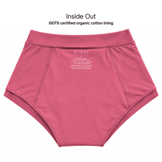 Inside out flatlay view of Anything But Basic II brief in dusky pink showing organic cotton lining.
