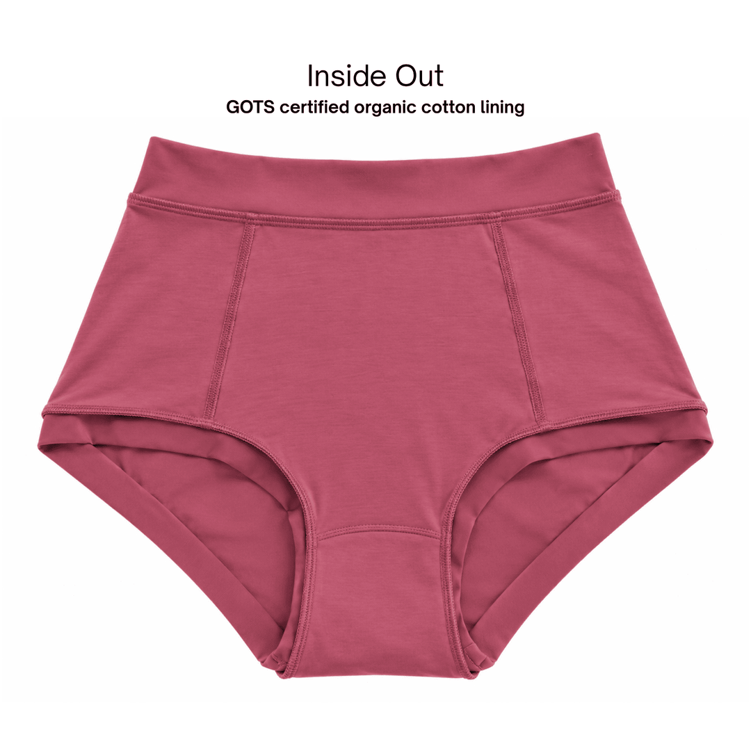Inside out view of Anything But Basic II brief in dusky pink showing organic cotton lining.
