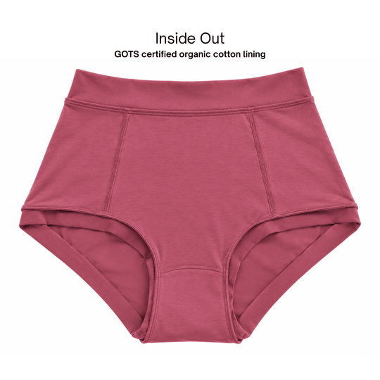 Inside out view of Anything But Basic II brief in dusky pink showing organic cotton lining.
