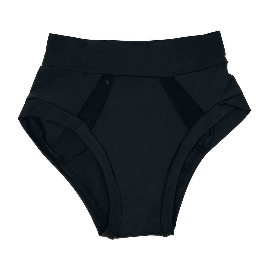 Flat lay of the high-waisted Emanate brief in Obsidian black made from OEKO TEX certified fabric