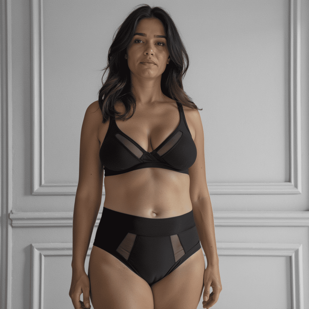 Woman in her 40s wearing the size Medium high-waisted Emanate brief in Obsidian black made from OEKO TEX certified fabric