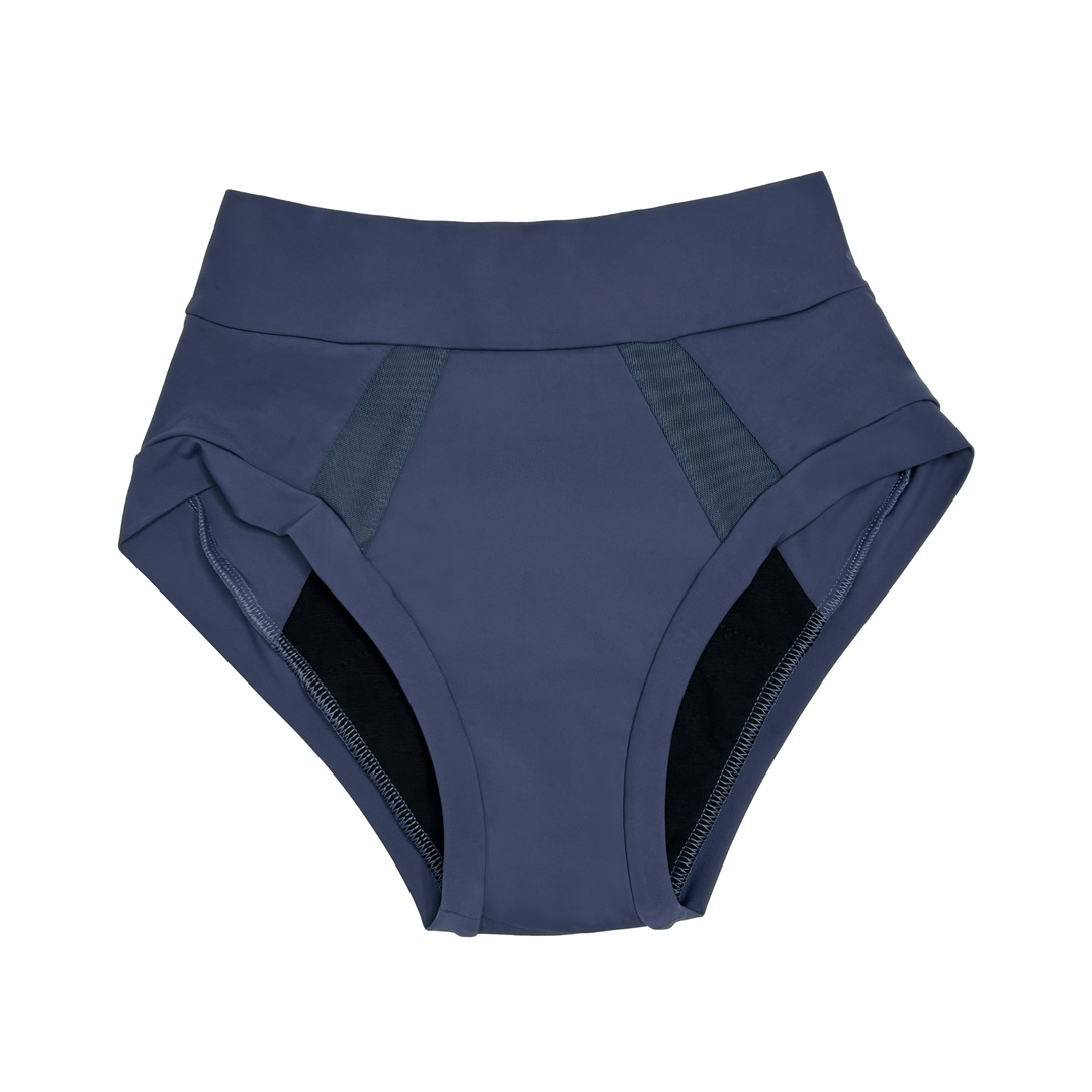 Flat lay image of the high-waisted Emanate brief in Slate Navy made from OEKO TEX certified fabric