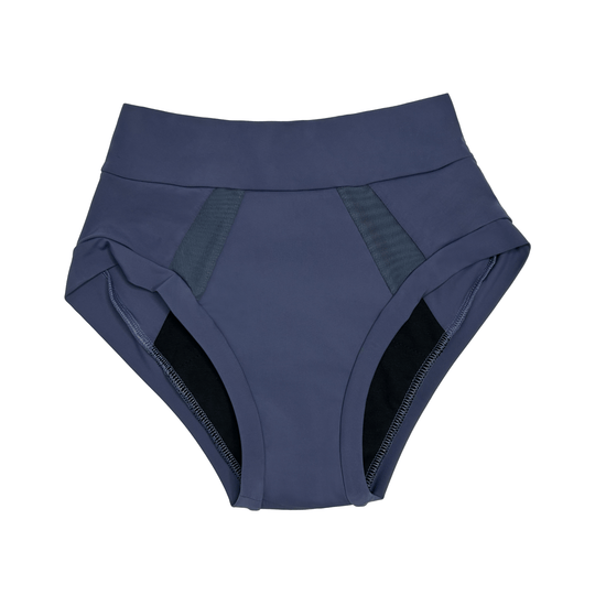 Flat lay image of the high-waisted Emanate brief in Slate Navy made from OEKO TEX certified fabric
