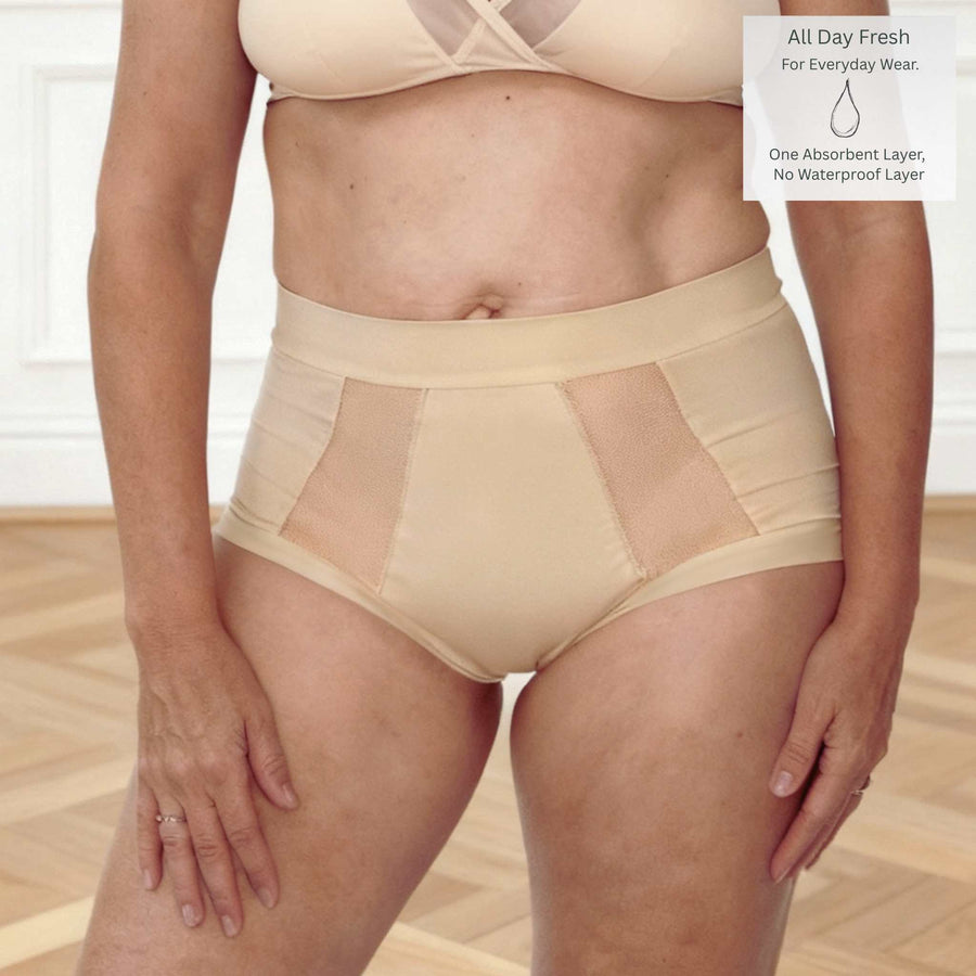 Wicks Intimates Emanate II All Day Fresh lightweight absorbent underwear in shell (nude) with absorbency badge, front detail