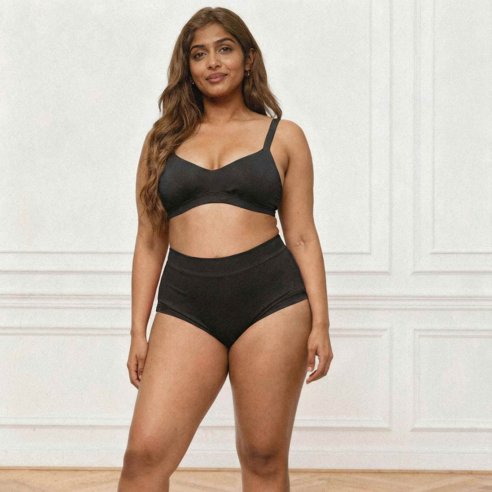 Woman wearing the Wicks Intimates high waisted brief facing forwards