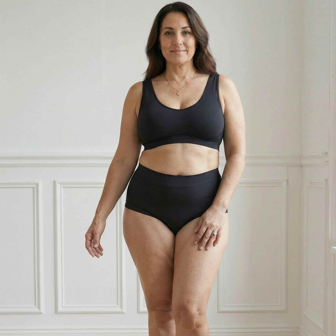 Woman wearing the Wicks Intimates high waisted Emily brief