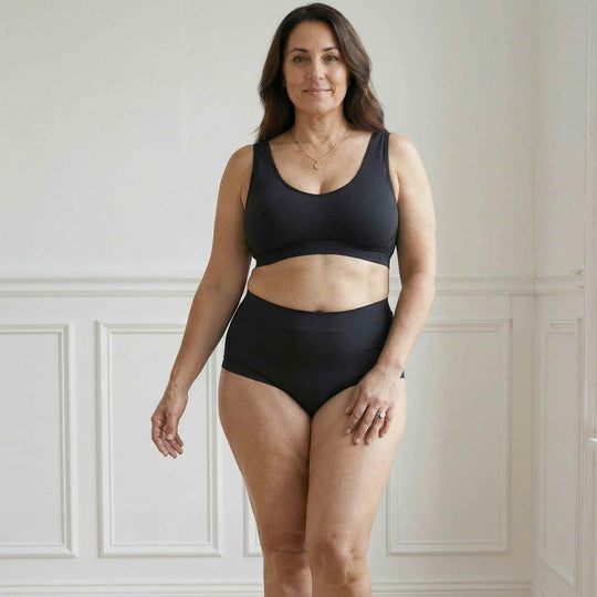 Woman wearing the Wicks Intimates high waisted Emily brief