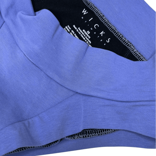 Flat lay detail of the low-rise Engineered brief in Periwinkle blue and made from GOTS certified organic cotton