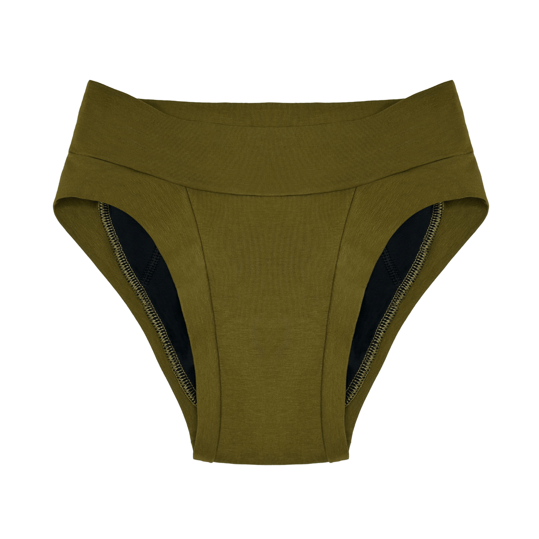 Flat lay image of the low-rise Engineered Brief in Moss Green made from GOTS certified organic cotton