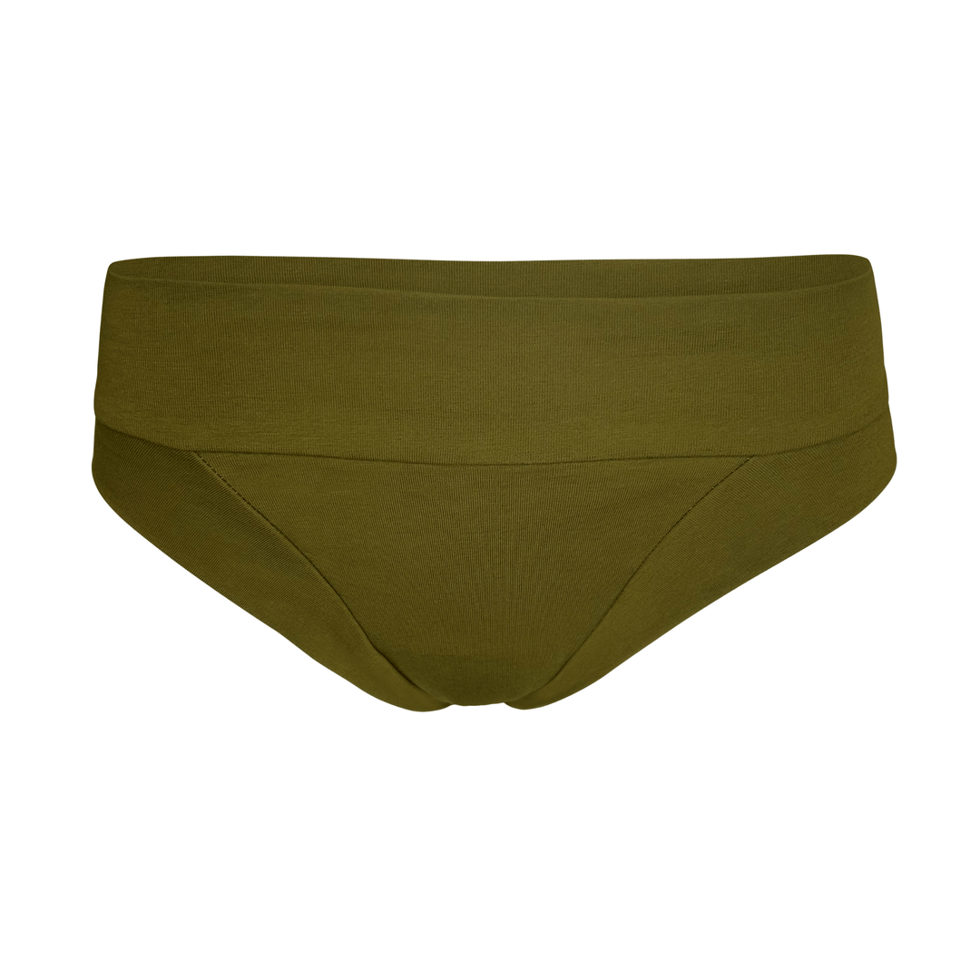 Ghost mannequin image of the low-rise Engineered Brief in Moss Green made from GOTS certified organic cotton