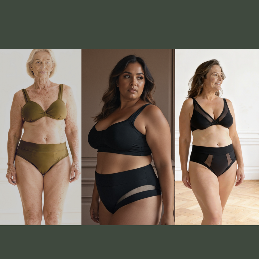 Three images of women in a row. Each woman is wearing a highly absorbent garment from the Wicks Intimates High Absorbency Bundle