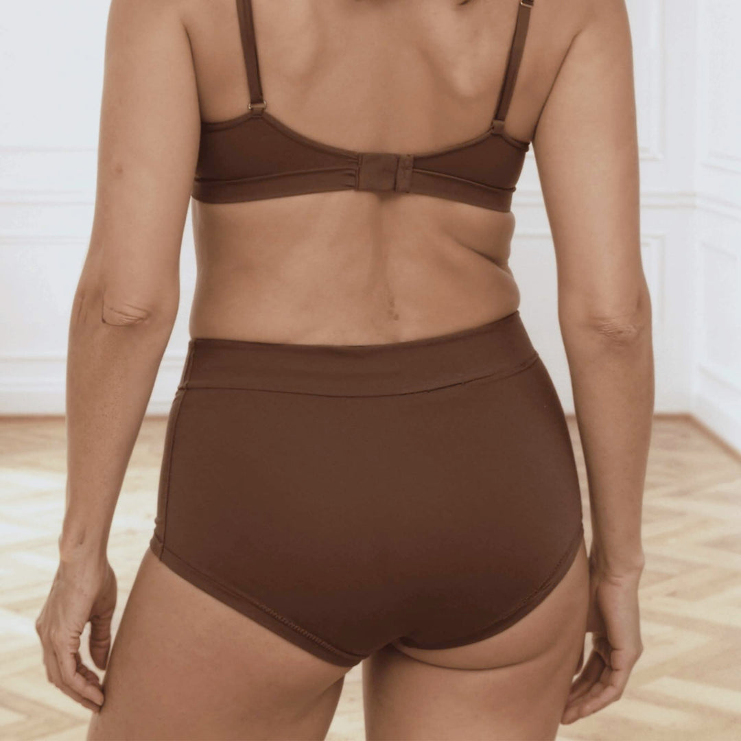 Wicks Intimates Anything But Basic Brief II 15mL absorbent underwear in dark chocolate on model, back view