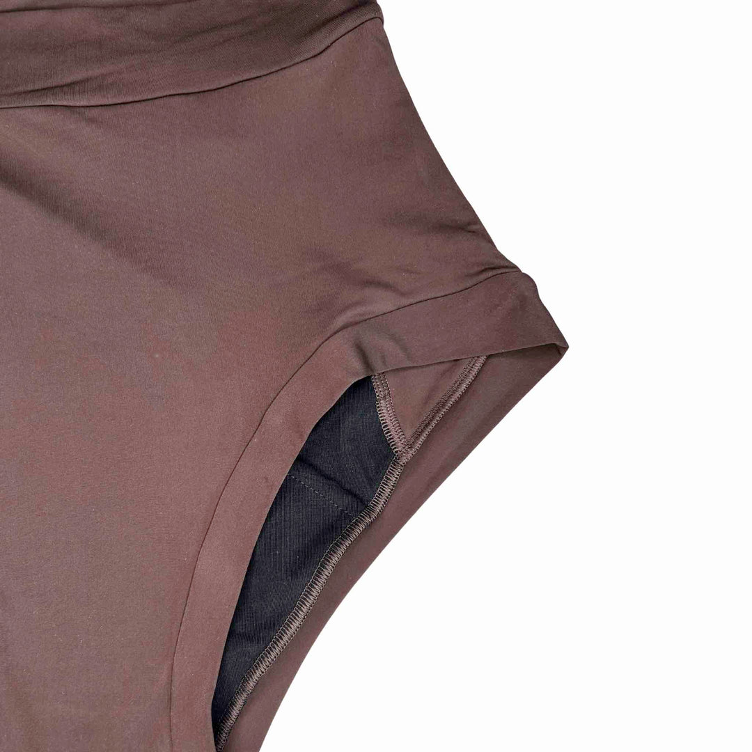 Dark chocolate Anything But Basic II 15mL absorbent brief front view by Wicks Intimates