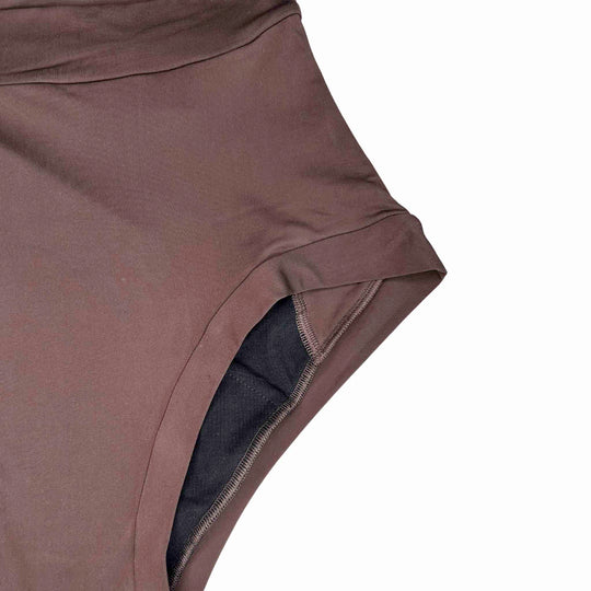 Dark chocolate Anything But Basic II 15mL absorbent brief front view by Wicks Intimates