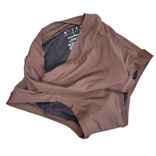 Dark chocolate Anything But Basic II 15mL absorbent brief detail view flat lay by Wicks Intimates