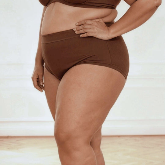 Wicks Intimates Anything But Basic Brief II 15mL absorbent underwear in dark chocolate on model, side view
