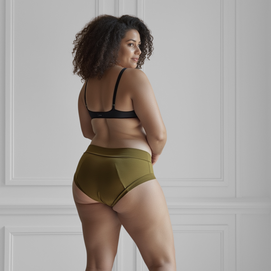 Woman in her 30s is facing away from the viewer wearing the High Waisted Basic brief in Moss green made from GOTS certified organic cotton